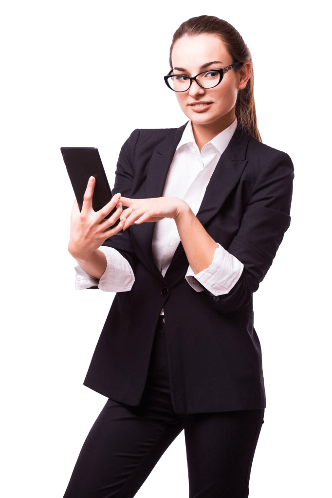 Confident business woman trading on a tablet